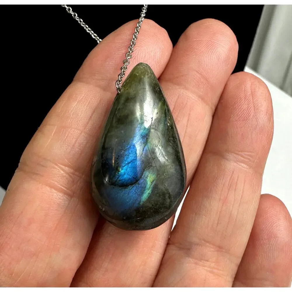 Blue Flash Labradorite Teardrop Pendant Necklace 18K Gold Plated Chain Natural